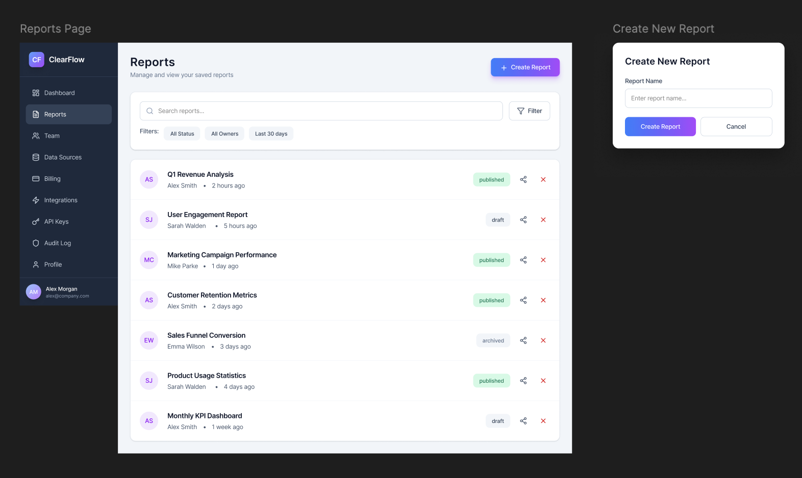 Reports screen with inline filters